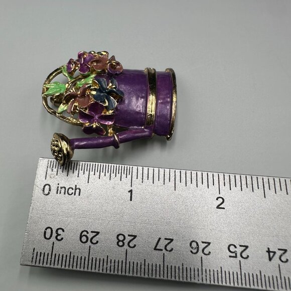 3/$30 Floral Watering Can Brooch Purple Enamel Gold Tone Flower Basket Pin - Picture 6 of 9